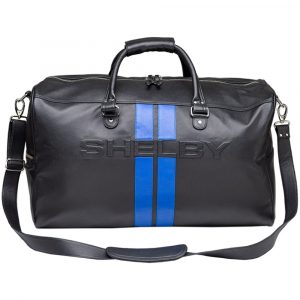 INTX002 Shelby Black Leather Duffel Bag with Blue Racing Stripes