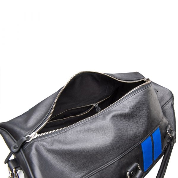 INTX002 Shelby Black Leather Duffel Bag with Blue Racing Stripes Inside