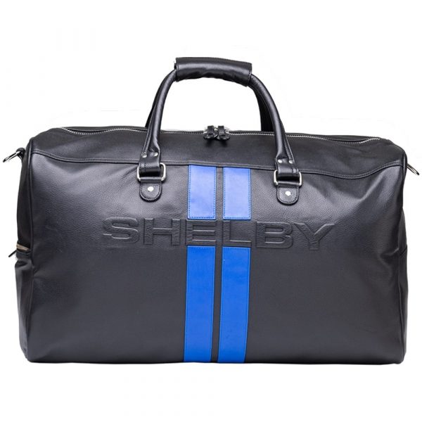 INTX002 Shelby Black Leather Duffel Bag with Blue Racing Stripes Side