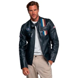 Classic Legend Motors Steve McQueen x Le Mans Men's Austin Leather Jacket Navy Blue